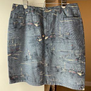Liz Claiborne | Jean Skirt with painted boats, knee length, size 12